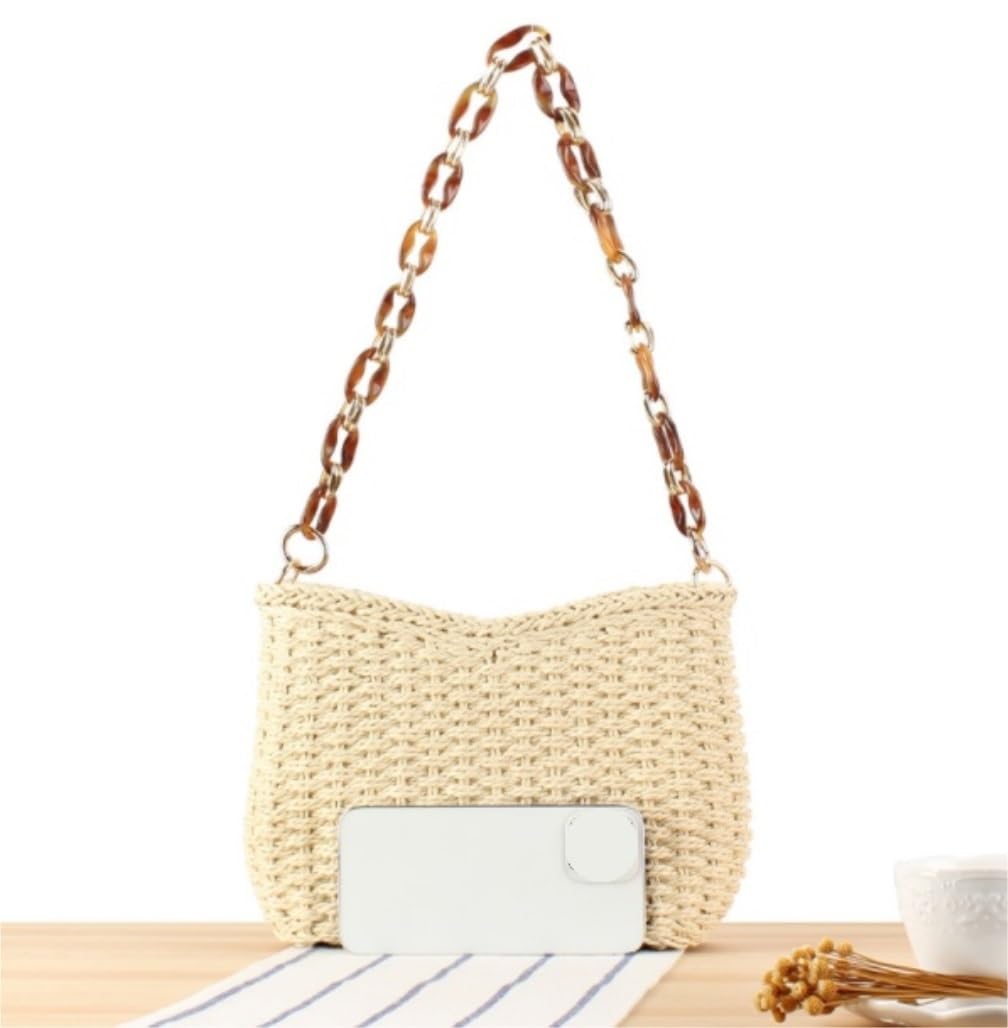 Torba Damska Torebka ze słomy Letnia torba plażowa Crossbody dla kobiet Tkane ramię Słomkowe Torebki(Beige)
