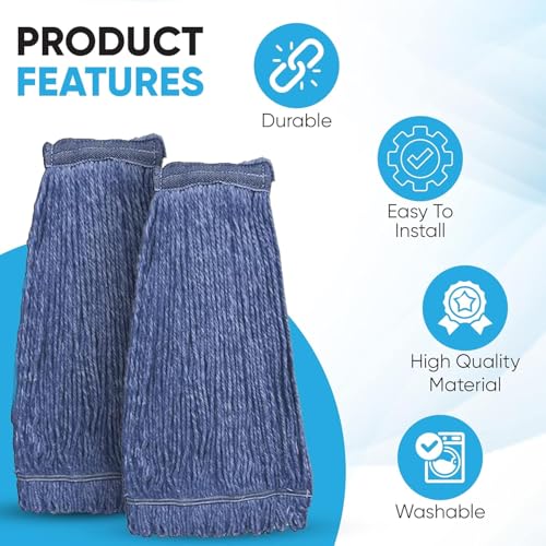 Image of 20oz Heavy Duty Cleaning Mop Head Replacement - Commercial Replacement, Wet Industrial Blue Cotton Looped End String Head Refill (10 Pack)