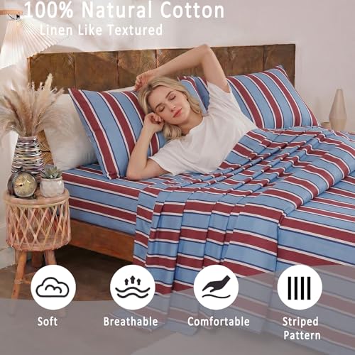 Image of Merryword 100% Cotton Sheet Set Full Size - Burgundy and Blue Striped Bedding, Soft Breathable Percale Weave, Deep Pocket Fitted Sheet 17.5 inch, Luxury & Silky Soft Sheet Set for All Seasons