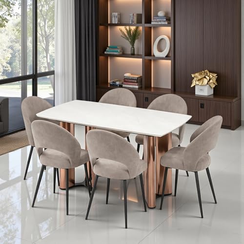 Image of The Attic Neo Classic 6 Chair Dining Set,Beige,Rose Gold & Cream,160Cms