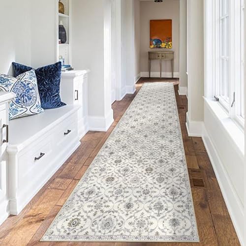 KILOCOCO 2.6x14 Runner Rug, Moroccan Super Soft Washable Hallway Entryway Runner Rug, Accent Print Faux Wool Kitchen Runner 14 Feet Non-Slip Boho Carpet for Laundry Room Bedroom, Cream Beige Grey