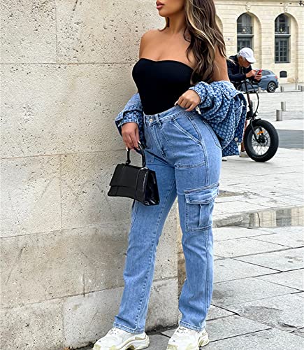 Cargo Jeans for Women High Waisted Cargo Pants Y2k Baggy Wide Leg Denim Fashion Trousers Pants with Flap Pockets2