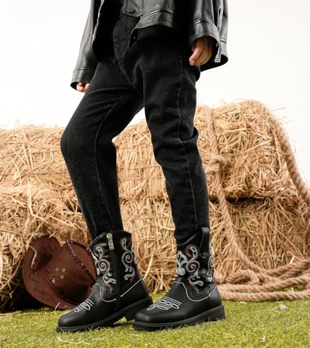 DADAWEN Toddler Little Boys Girls Cowboy Boots Kids Embroidered Western Cowgirl Boots Square Toe Mid Calf Riding Shoes2