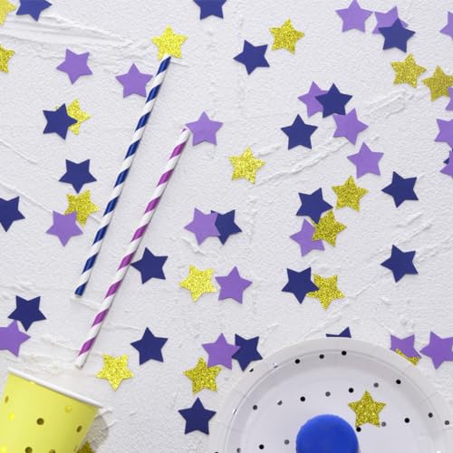 Image of MOWO Purple Blue and Gold Star Confetti Table Decoration, 1.2'', 200pc | Graduation Eid Ramadan Birthday Retirement Party, eid, new yea's