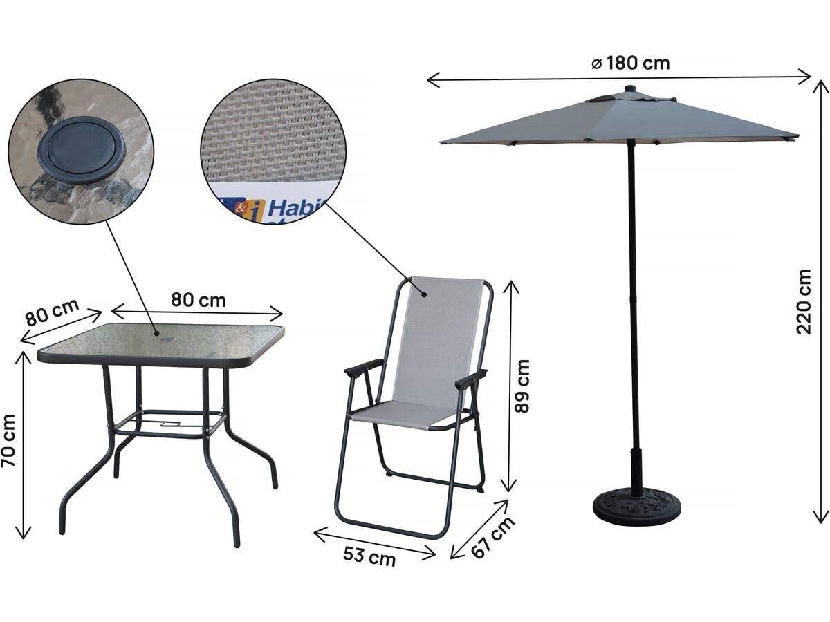 Salon de Jardin Repas avec Parasol en métal Convivia (Gris Clair, 4 Places)