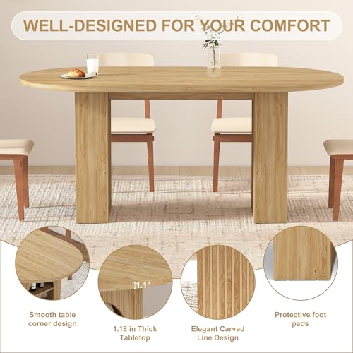 Image of weselon 70.8 inch Oval Dining Table with Dual Side Storage Shelves, Wooden Table for 4-6 People, Modern Farmhouse Round Dinner Tables for Kitchen Living Room (Natural, Table Only)