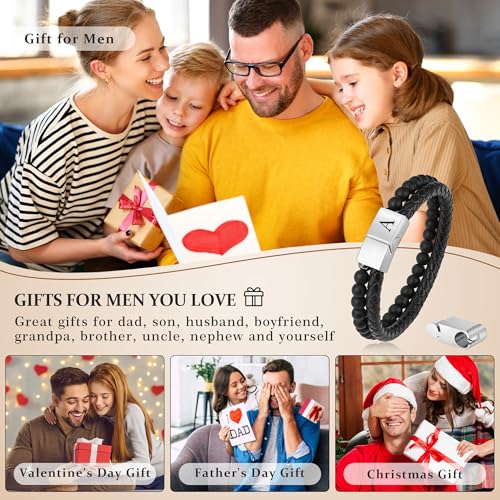 LUXEJEW Gifts for Men - Mens Bracelet, Beaded Leather Initial Bracelet 6mm Matte Agate Stone Handmade Bracelets Adjustable Stainless Steel Magnetic Clasp Mens Jewelry Gifts3