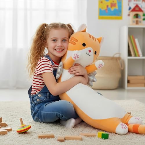 Image of Long Cat Plush Pillow, Cute Cat Stuffed Animal Body Pillow with Wings, Soft Kawaii Kitty Hugging Pillow, Christmas Valentine's Birthday Gift for Kids Girls Boys (Yellow, 110cm /43.31in)