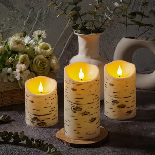 Image of QQFCTOO Birch Bark Flameless Candles, Flickering Battery Operated LED Candles, Electric Plastic Pillar Candles with Remote & Timer, Rustic Farmhouse Home Decor, Wedding Centerpiece, Gift Set of 3