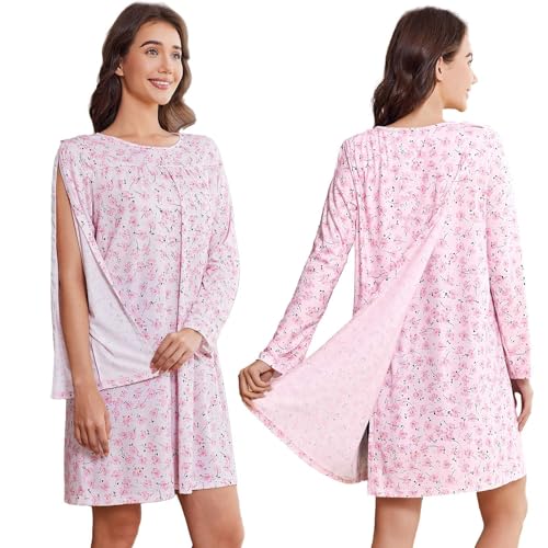 Deyeek Hospital Gowns for Women Open Back Post Shoulder Surgery Dress Long Sleeve Tear Away Side Arm Snaps Adaptive Clothing