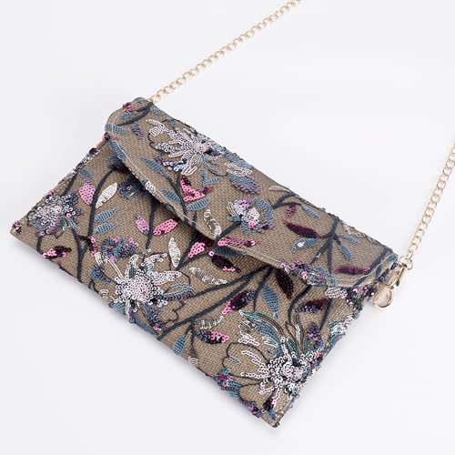 Image of Clutch Purses for Women, Envelope Package, Sequin Embroidered Flowers Straw Bag, Bohemian Handmade Handbags