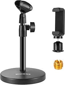 BILIONE 3 in 1 Multi Function Desktop Microphone Stand, Adjustable Table Mic Stand with Microphone Clip, Cell Phone Clip, 5/8" Male to 3/8" Female Metal Adapter
