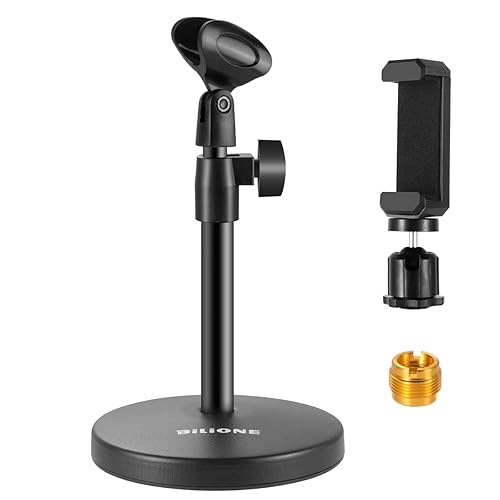 FOR 3DIO MIC - BILIONE 101S 3 in 1 Multi-Function Desktop Microphone Stand, Adjustable Table Mic Stand with Microphone Clip, Cell Phone Clip, 5/8 inch Male to 3/8 inch Female Metal Adapter,Black
