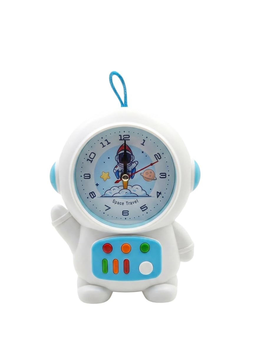 Astronaut Alarm Clock for Kids, Space Travel Theme, White and Blue, Analog, Tabletop-image-43