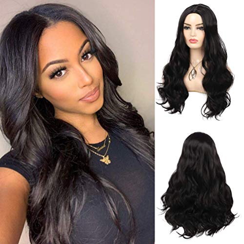 Long Wavy Black Wig for Women 24 Inch Middle Part Synthetic Replacement Wig Heat Resistant Fiber Daily Using Halloween Cosplay Party Wigs for Girl