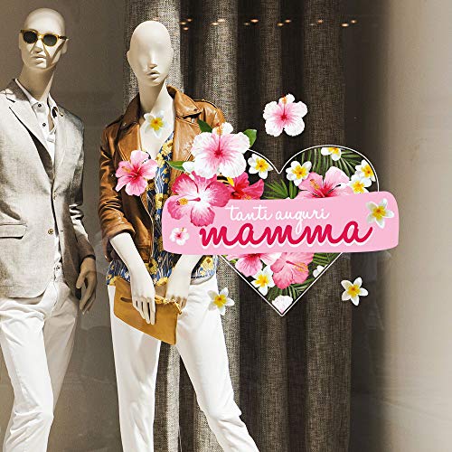 kina Vetrofania Festa del Mamma su PVC Trasparente Adesivo Decorazione Vetro Vetrine Negozi Finestre - Modello UVFM0013 - Misure 50x40 cm - Made in Italy