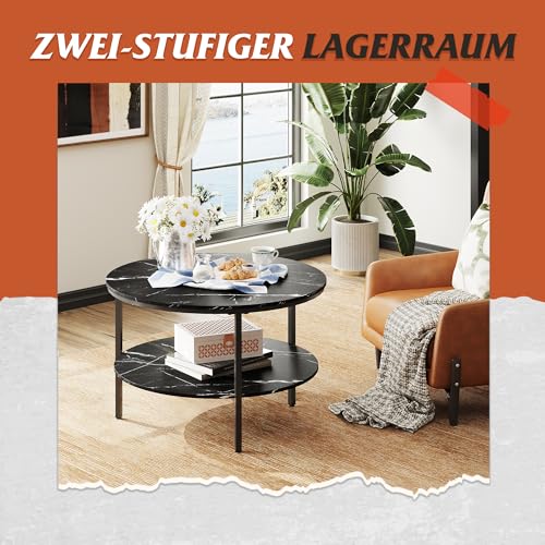 WLIVE Couchtisch Rund, Wohnzimmertisch Holz mit 2 Ebenen, Sofatisch mit viel Stauraum, für Wohnzimmer, Schlafzimmer, Modern Design, Marmor Schwarz – Bild 6