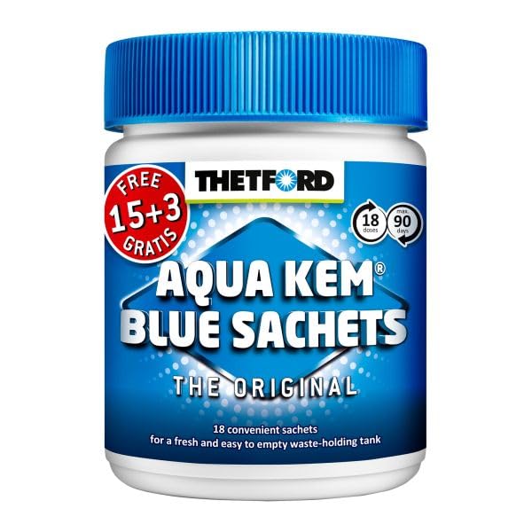 Thetford Aqua Kem Blue Sachets 30234BC Sanitärzusatz für Campingtoiletten Pulverform 18 Tabs Selbstauflösende Folie Geruchsunterdrückung und Ablagerungsverhinderung
