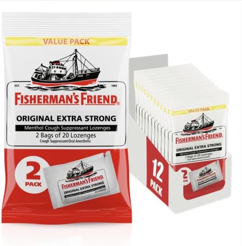 Fisherman's Friend Cough Drops, Cough Suppressant and Sore Throat Lozenges, Original Extra Strong, 10mg Menthol, 480 Drops (12 Packs of 40)