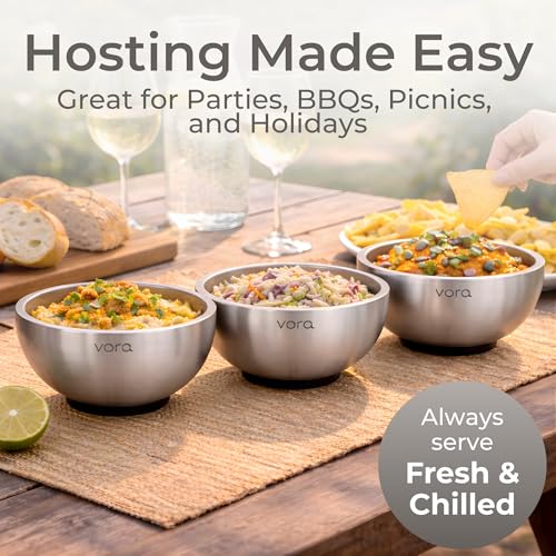 Vora 35oz Dip Chiller Bowl with Lid | 2 Pack Stainless Steel Chilled Dip Bowl for Dips, Guacamole, Hummus, Salsa | Insulated Serving Dishes with Easiest Water Fill & Refillable Chamber by Vora - Used condition - Image 7