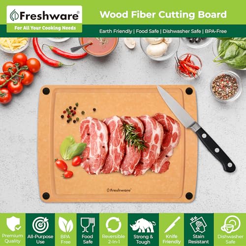 Image of Freshware Wood Cutting Board for Kitchen, Juice Groove, Non-Slip Silicone Feet, Dishwasher Safe, Large, 15 inch x 11.25 inch, Natural