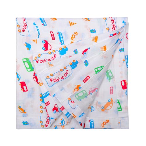 Image of Swaddle for Babies -100% Muslin Cotton Soft 2-Layer Swaddle /Blanket /Multipurpose Wrap for New Born Baby Girl & Boy 90X90 cm, 0-6 Months, Set of 2, Traffic & Aqua Print