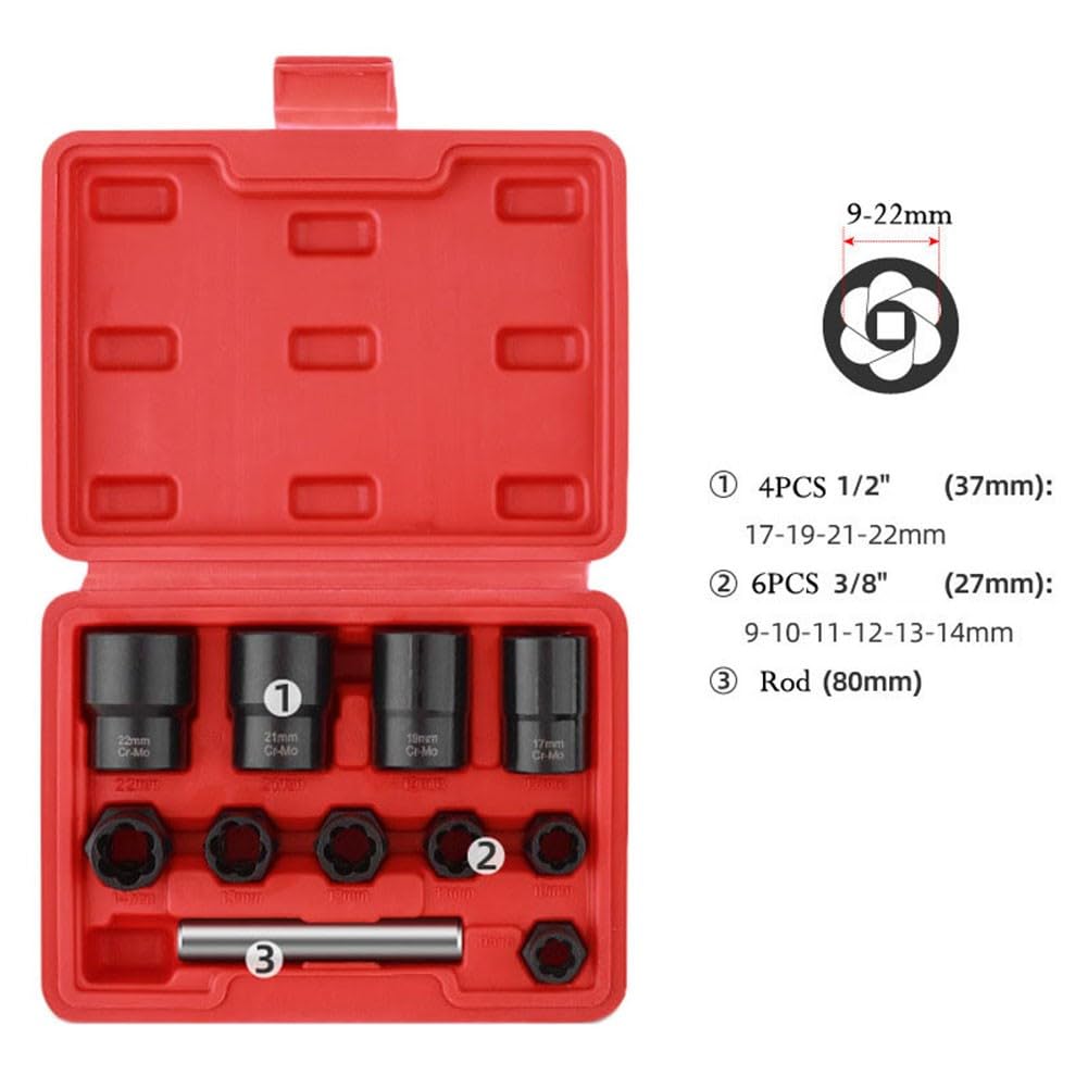 Set di 11 chiavi a bussola per estrattori di dadi in acciaio Cr-Mo per dadi spelati arrotondati, attacco da 3/8" e adattatore esagonale da 1/2" per avvitatore a percussione
