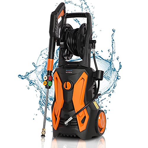 Electric Pressure Washer, Max. 3600PSI 2.4GPM 2000W Power Washer Pressure Washer with Hose Reel Spray Gun 5 Nozzle Adapter, and Detergent Tank, for Cleaning Cars/Fences/Patio