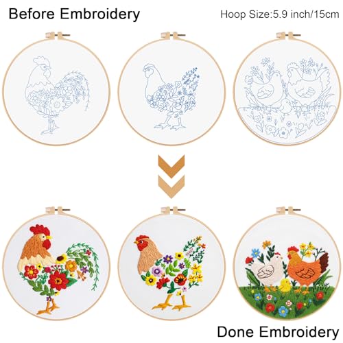 Image of Louise Maelys 3 Packs Chicken Embroidery Kit for Beginners, Cross Stitch Kits for Adults, Art Craft Starters Needlepoint kit with Rooster,Hen and Farm Lawn Embroidery Pattern and Complete Set of Tools