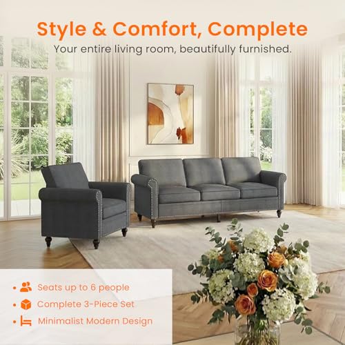 Image of ijuicy 2Pcs Sectional Sofa Set with 5 inch Thicken Cushion-Dark Gray | Modern linen upholstered living room furniture set with nailhead trim includes a 3 seat sofa and an armchair
