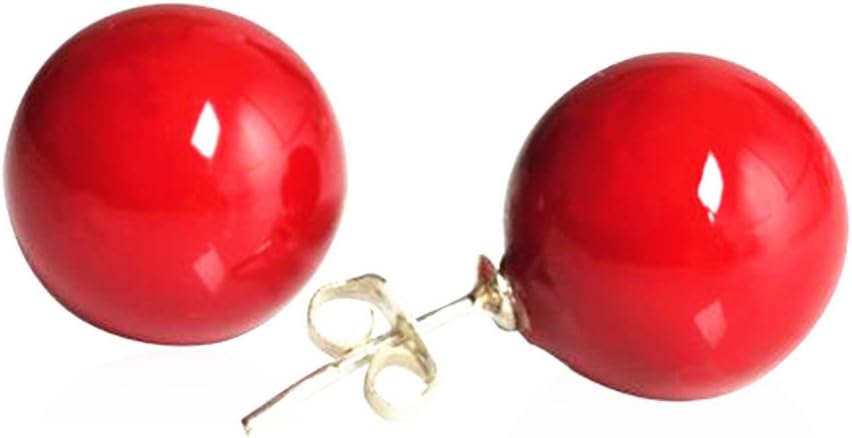 Women 12mm Red Shell Bead Silver Tone Classic Round Ball Stud Earrings 02001451-2