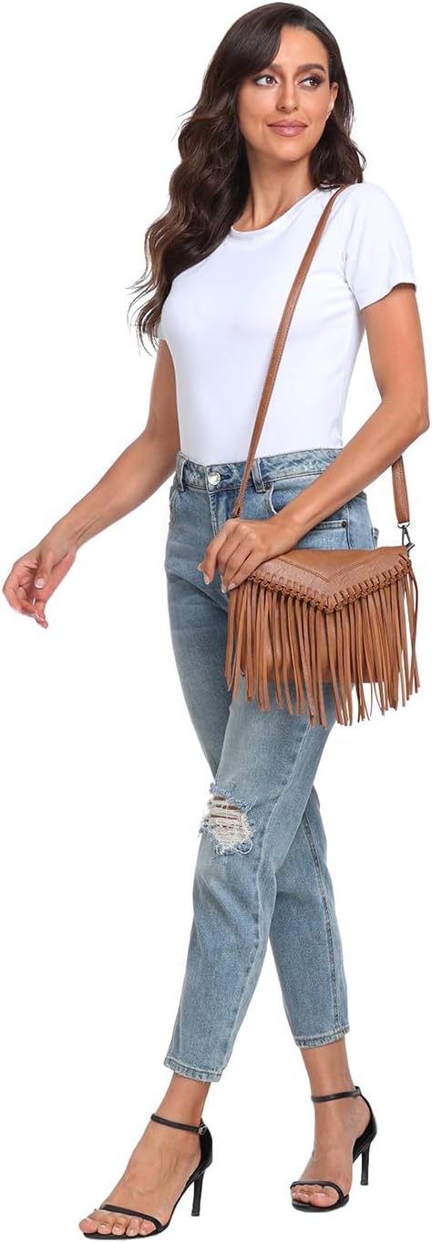 HDE Women's PU Leather Hobo Fringe Crossbody Tassel Purse Vintage Small Handbag - Image 5