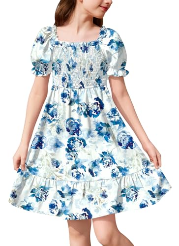 BesserBay Girls Summer Ruffle Square Neck Smocked Midi Dress Puff Sleeve Flowy Sundress 4-14 Years