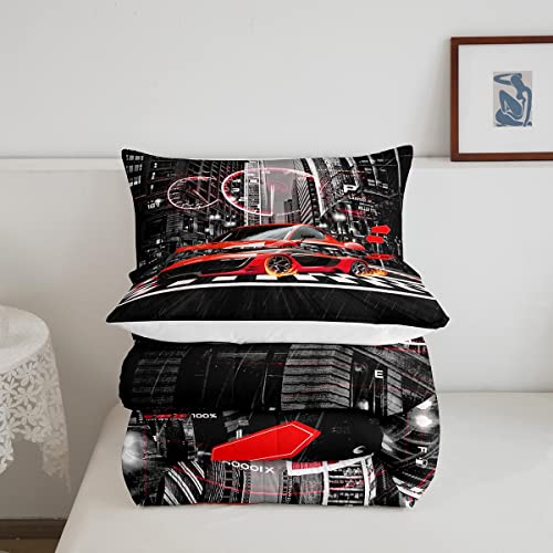 Image of Feelyou Red Race car Comforter Set Toddler Size for Girls Boys Children Racing Car Comforter Speed Sports Car Bedding Set Room Decor Extreme Sports Duvet Set Automobile Quilt Set 2Pcs