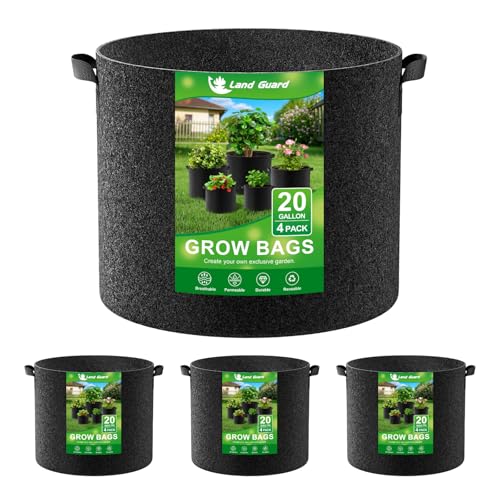 Land Guard 4-Pack Fabric Grow Bags 20 Gallon, Thickened Nonwoven Garden Pots, Growing Bags with Handles, Black
