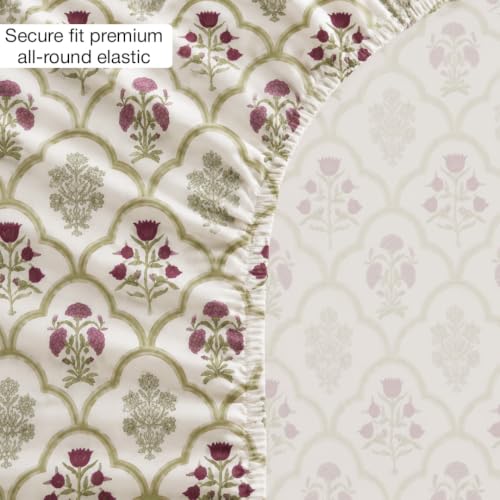 Image of HOMEMONDE 186 TC Soft Cotton Fitted Sheet Floral Printed Queen Size Elastic Fitted Bedsheet with Two Pillow Covers - (78 x 72 Inches, Spring Buds Pink) | Perfect for Home Decor & Gifting