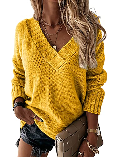 Image of Womens Loose Sweaters Sexy V Neck Long Sleeve Solid Knitted Jumper Pullover Sweatshirt Tops
