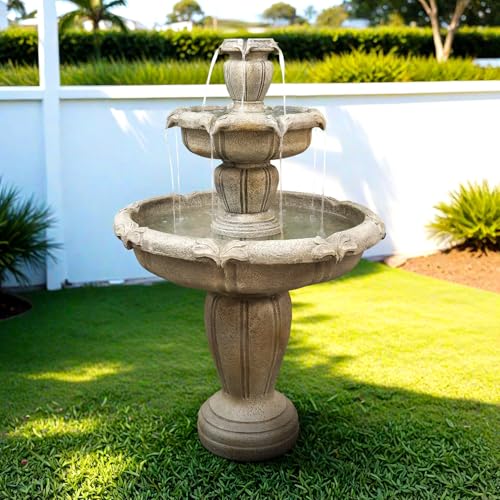 Image of SunJet 48 inch High Modern Concrete Outdoor Water Fountain - 3 Tiered Large Floor Water Fountain and Waterfalls with Electric Pump for Garden, Patio, Yard, and Deck Decor, Featuring Natural Stone Look