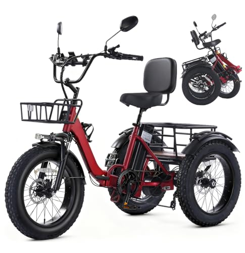 NOMOGO Elektro-Dreirad Für Erwachsene Aluminium Faltbares E-Bike,48V 15.6Ah Akku,7 Gang Elektrofahrrad 25 km/h und 90–110km Reichweite 20”x4” Fat TiresVorder&Differenzial Rot