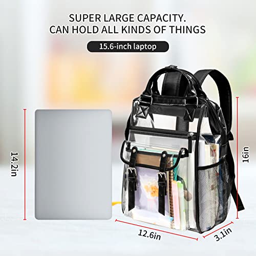 Clear Backpack Heavy Duty for Girls, Thick PVC Transparent Bookbag with Leather Trim, Stadium Approved Clear Backpacks, Large Capacity See Through Backpacks for School (Black)3