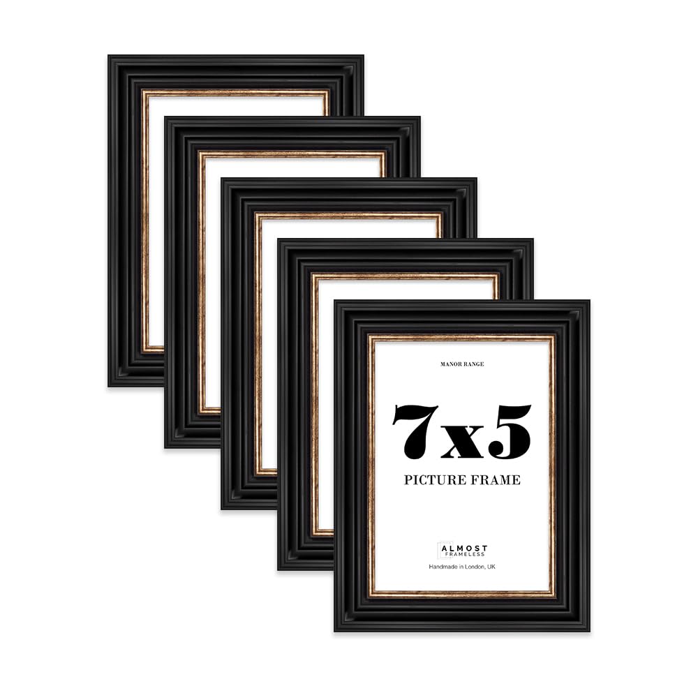7x5 Picture Frame, Display 7x5 Pictures (17.8 x 12.7cm) - Black & Gold Vintage 42mm Edge Ideal for Home Gallery Display - 5 Pack
