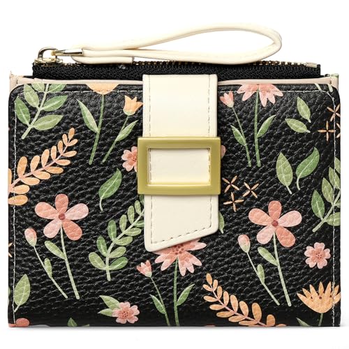 Image of RNIEGA Small Wallets for Women Bifold Vegan Leather Wallet RFID Blocking | Floral Pattern Card Holder with Zipper Pocket
