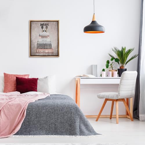 Image of 'Book Stack Heels Metallic Pink'| Floating Frame Canvas Art | Stupell Industries | Brown, 25 x 31 Inches, Easy to Hang and Sturdy, Made in USA, by Amanda Greenwood