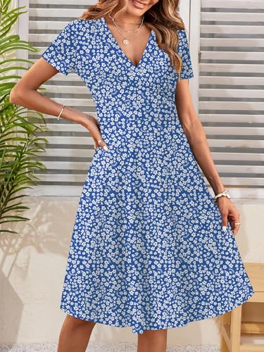 Image of MSBASIC Womens Summer Wrap V Neck Casual Dresses Floral Short Sleeve A-Line Midi Sundress
