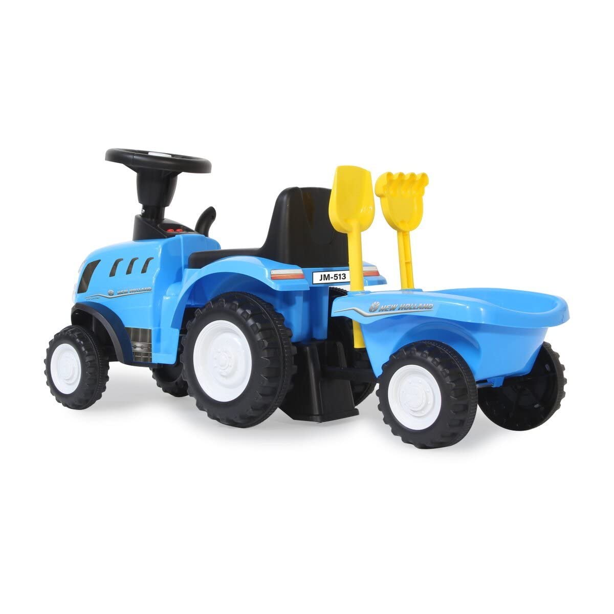Rutscher New Holland T7 Traktor – ab 12 Monate, Sitzhöhe 270 mm, Kippschutz, originalgetreue Optik, Anhänger mit Schaufel und Rechen, LED Licht