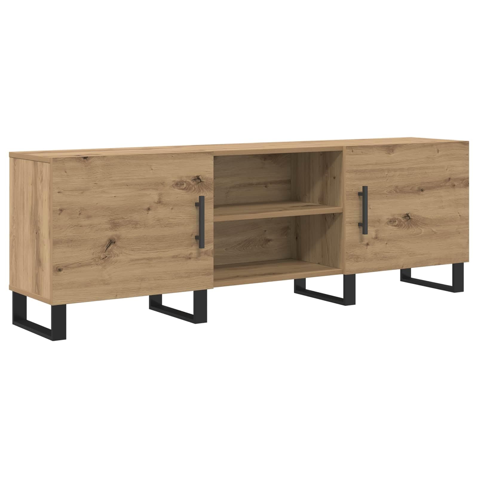 59-Inch Engineered Wood TV Stand with 2 Doors, Oak | Measures 150 x 30 x 50 cm with an open center shelf, providing storage for media players in living rooms.
