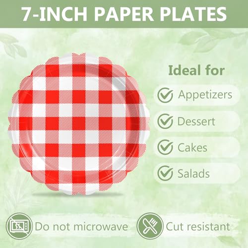 Image of Mulbozy 75 Red Gingham Paper Plates and Napkins Disposable for Picnic,7in
