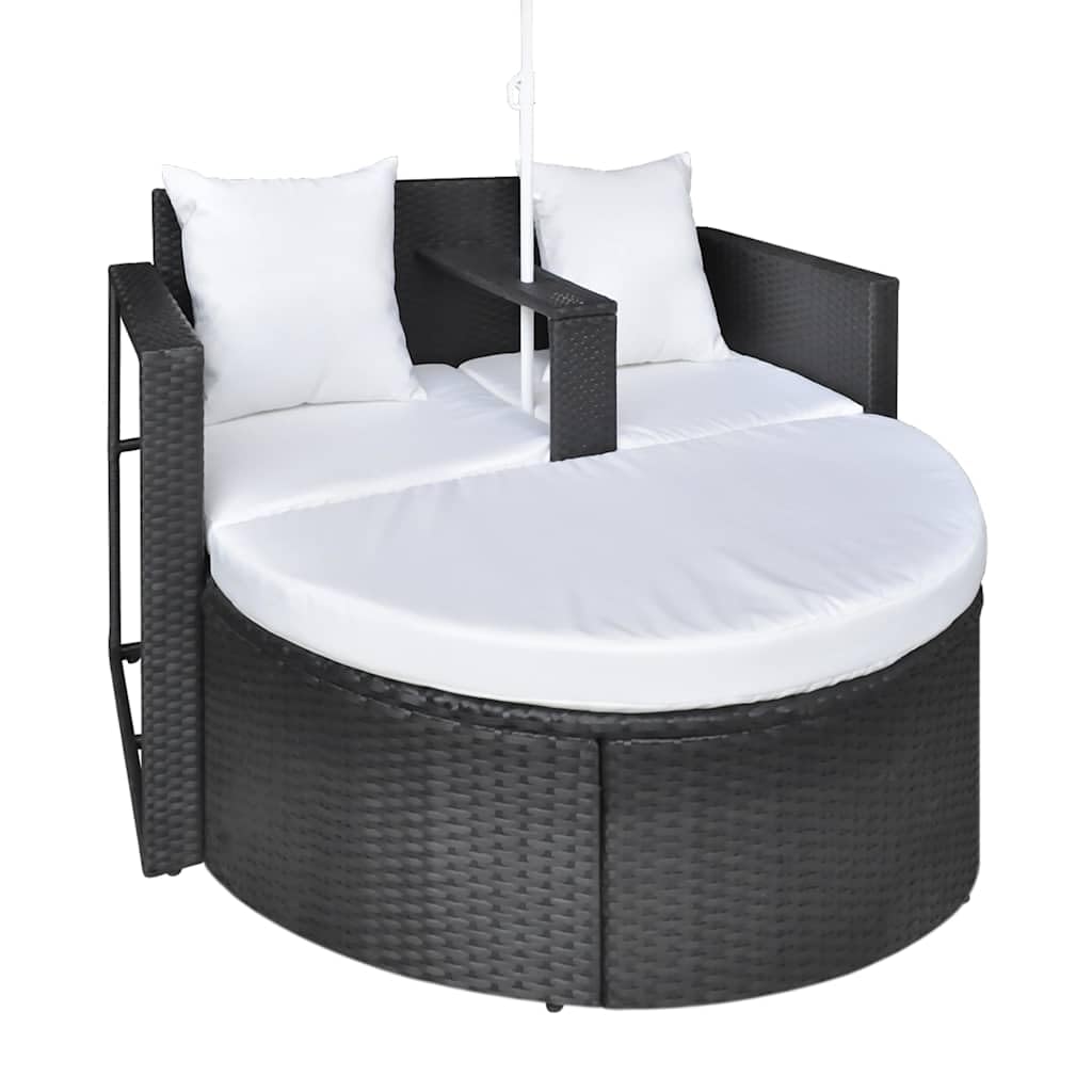 Lit de jardin avec parasol, marron en polyrotin, île de salon, chaise longue avec repose-pieds amovible et coussin lavable pour terrasse, balcon, piscine