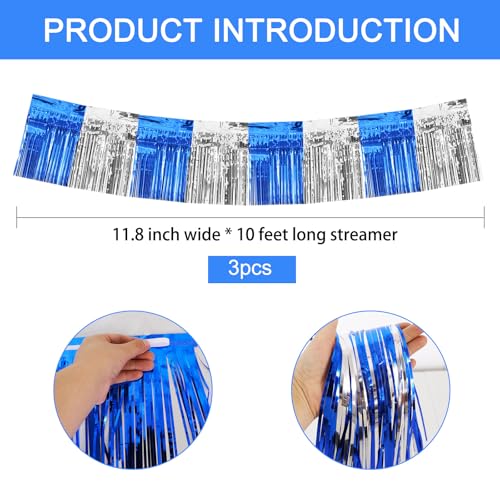 Image of BEISHIDA 3 Packs Metallic Foil Fringe Garland Blue Silver Wall Hanging Tinsel Fringe Banners for Car Floats Bridal Shower Wedding Birthday Graduation Holiday Party Decoration(30 Feet)