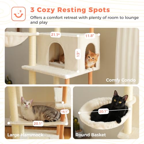 Image of 73 inch Tall Cat Tree for Large Cats, Wooden Cat Tower with Fully Sisal Covered Scratching Posts and Solid Wood Posts, Modern Cat Furniture with 2 Spacious Perch and Cozy Condo Beige